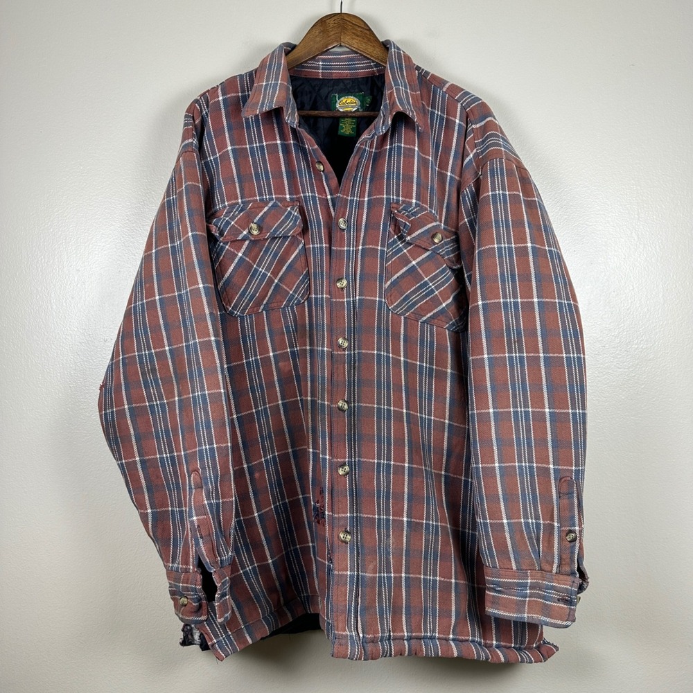 Cabela's Men's 2XL Tall Shirt Jacket Red Blue Plaid Quilted Lined Flannel Jacket